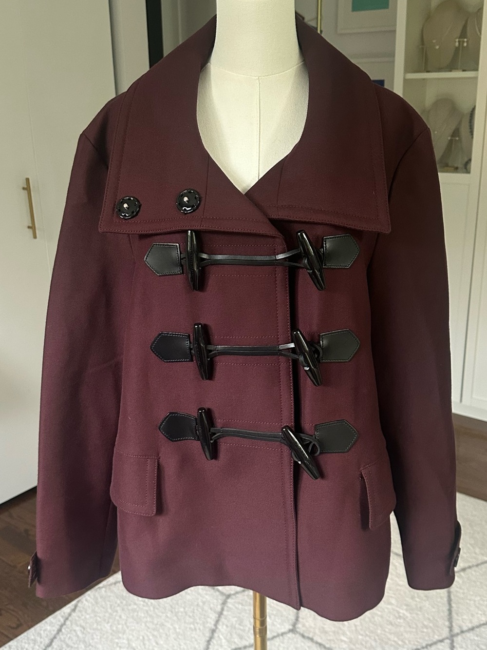 Burberry Brit Craysmoore Toggle Closure Short Gabardine Peacoat in Deep Claret